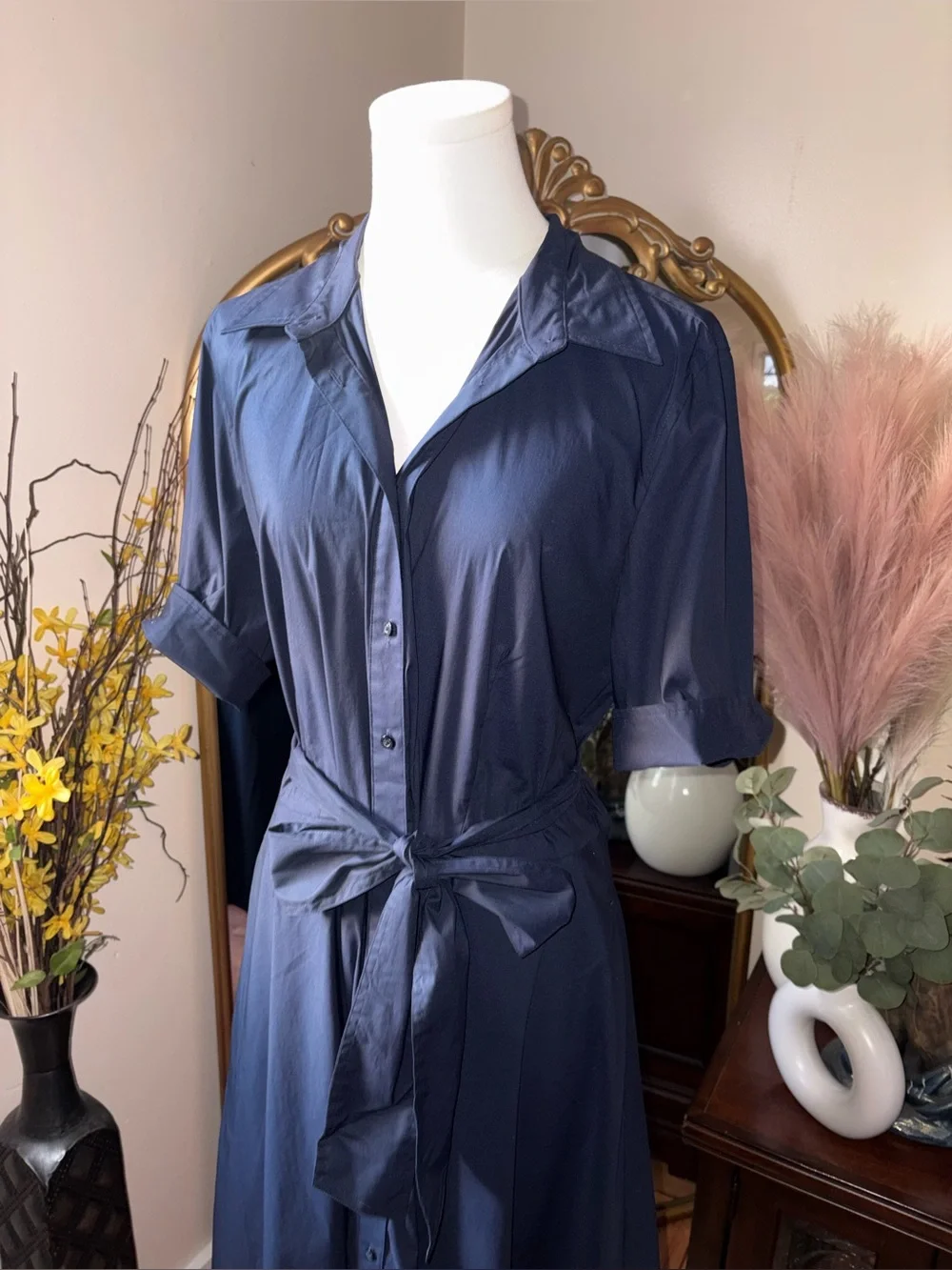 Lauren Ralph Lauren black label Navy button up maxi Dress with Tie Belt - Picture 2 of 9